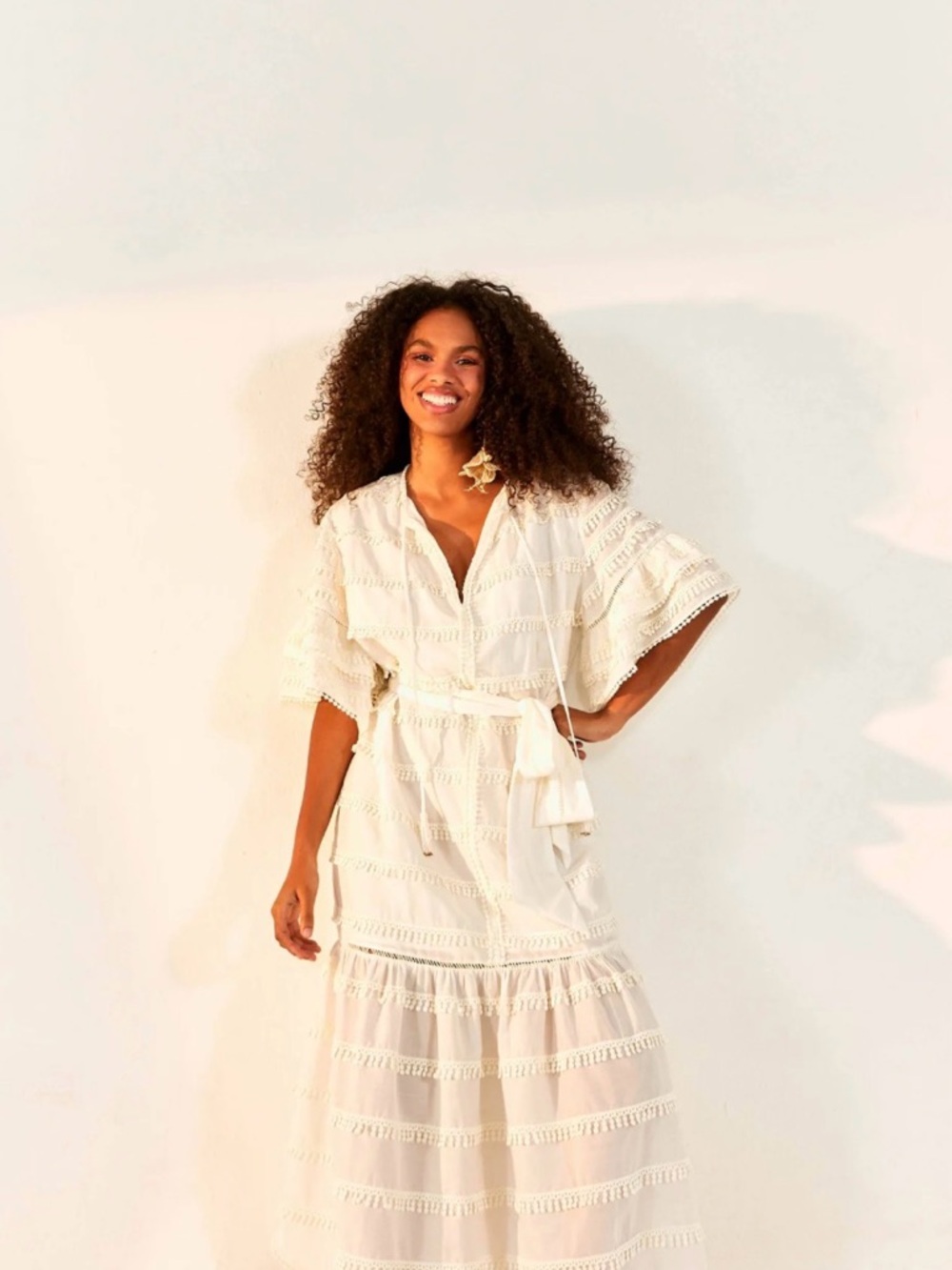 Off-white Embroidered Trim Maxi Dress